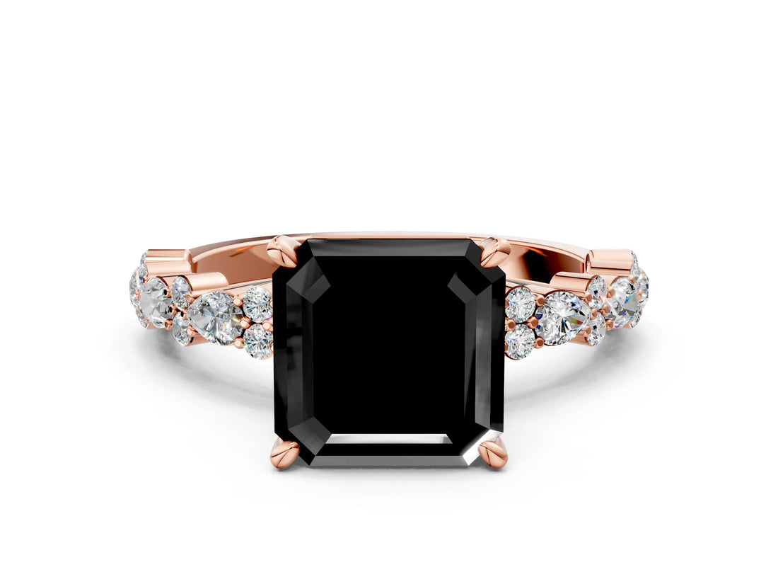 Rose gold Fancy Black Asscher Cut Diamond Solitaire with Side Stones, Pave Band, Four-Prong Setting_24