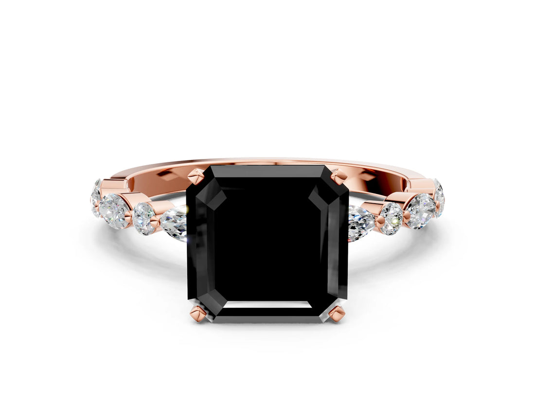 Rose gold Fancy Black Asscher Cut Diamond Solitaire with Side Stones on a Pavé Band and Four-Prong Setting