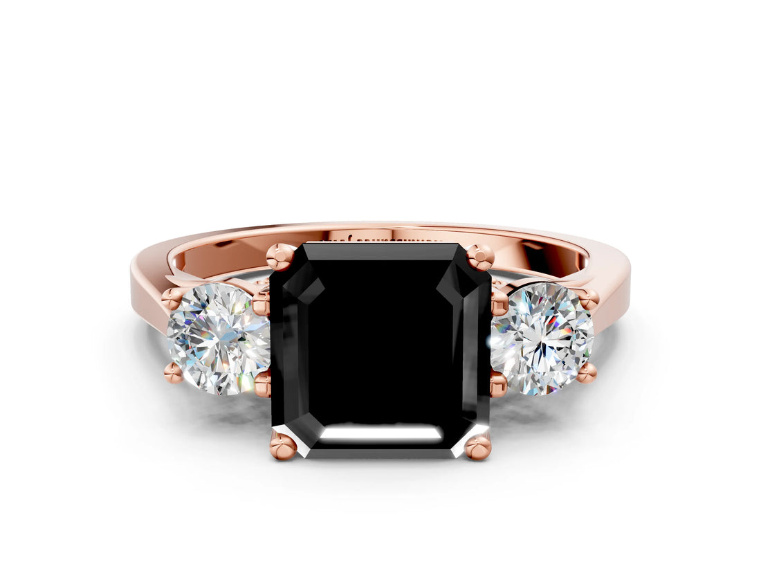 Rose gold Fancy Black Asscher Cut Diamond Three-Stone Engagement Ring with Prong Setting and Pavé Band