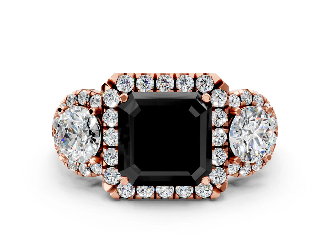 Rose gold Fancy Black Asscher Cut Diamond Three-Stone Halo Ring with Prong Setting and Pavé Accents