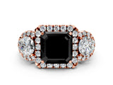 Rose gold Fancy Black Asscher Cut Diamond Three-Stone Halo Ring with Prong Setting and Pavé Accents