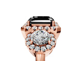 Rose gold Fancy Black Asscher Cut Diamond Three-Stone Halo Ring with Prong Setting and Pavé Accents_5