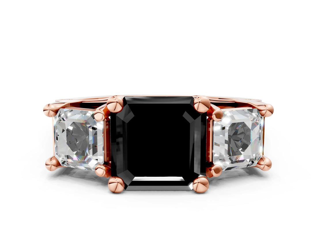 Rose gold Fancy Black Asscher Cut Diamond Three-Stone Ring with Channel Set Band and Four-Prong Setting_36