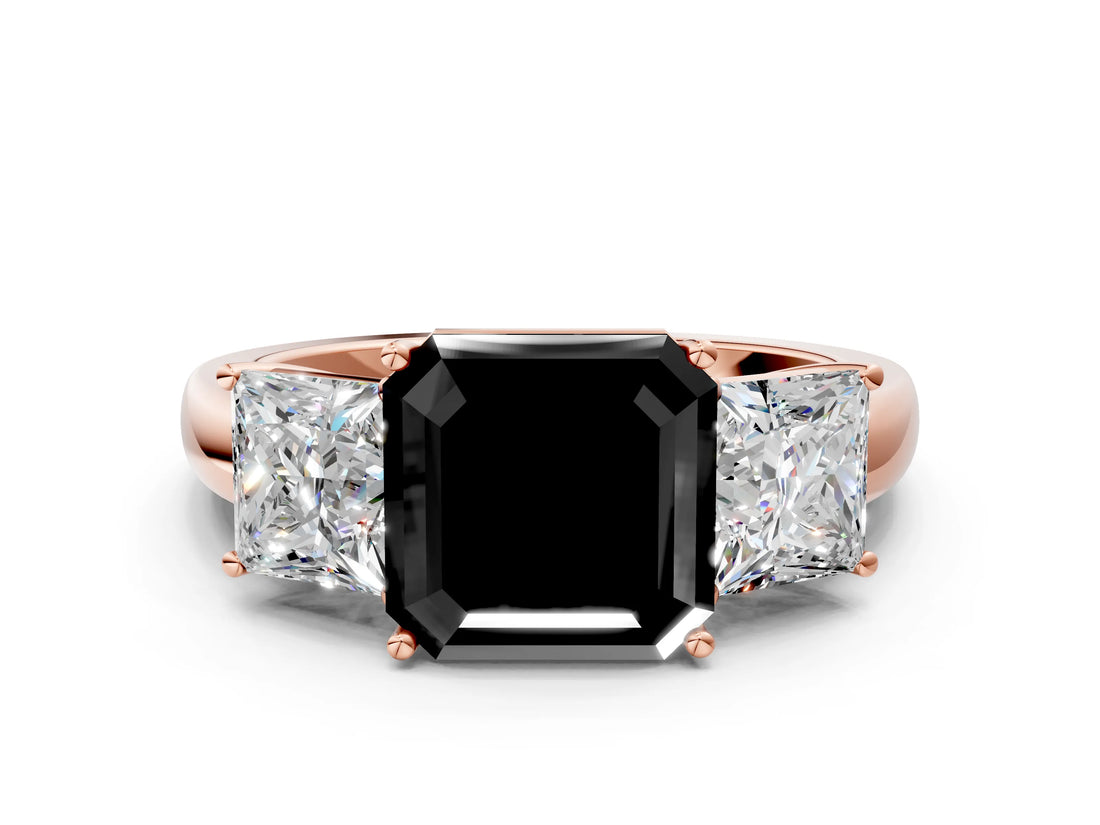 Rose gold Fancy Black Asscher Cut Diamond Three-Stone Ring with Four-Prong Setting and Classic Band