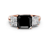 Rose gold Fancy Black Asscher Cut Diamond Three-Stone Ring with Four-Prong Setting and Classic Band