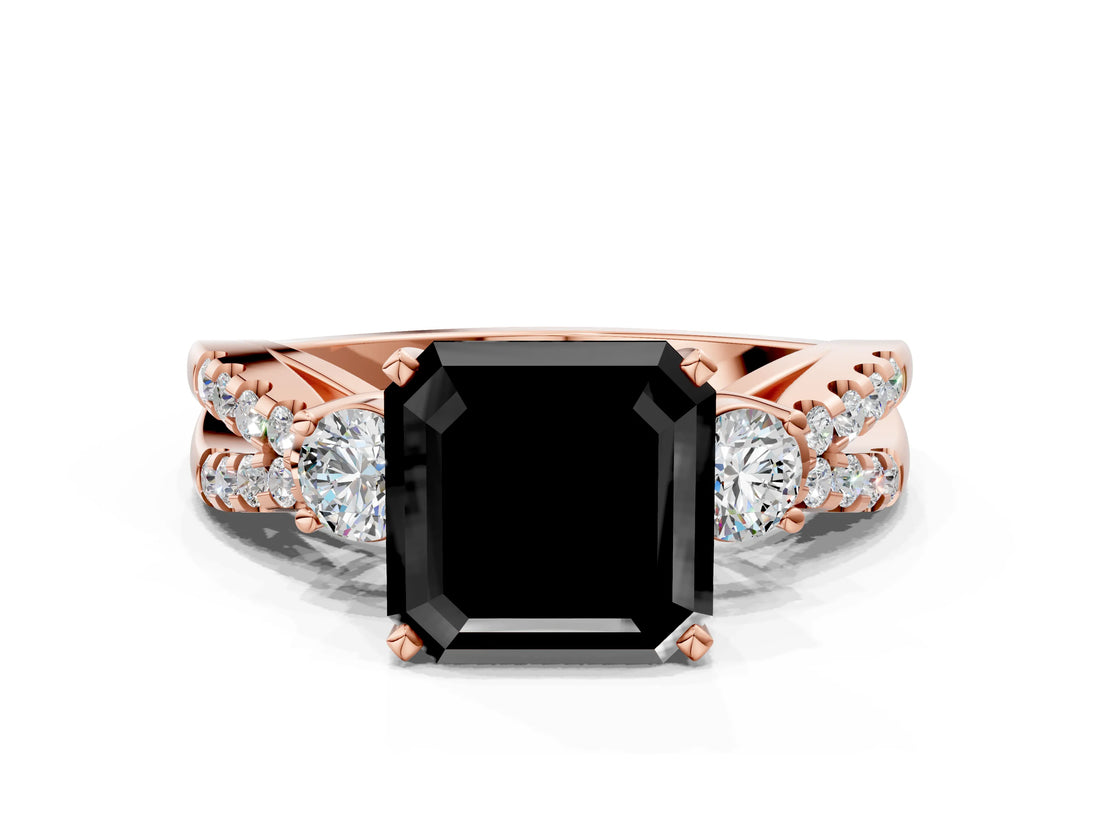 Rose gold Fancy Black Asscher Cut Diamond Three-Stone Ring with Pavé Split Shank and Four-Prong Setting