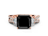 Rose gold Fancy Black Asscher Cut Diamond Three-Stone Ring with Pavé Split Shank and Four-Prong Setting