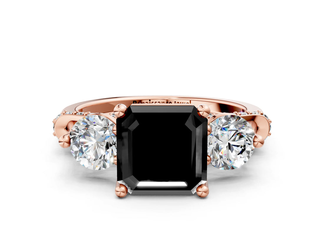 Rose gold Fancy Black Asscher Cut Diamond Three-Stone Ring with Prong Setting and Pavé Band