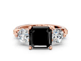 Rose gold Fancy Black Asscher Cut Diamond Three-Stone Ring with Prong Setting and Pavé Band