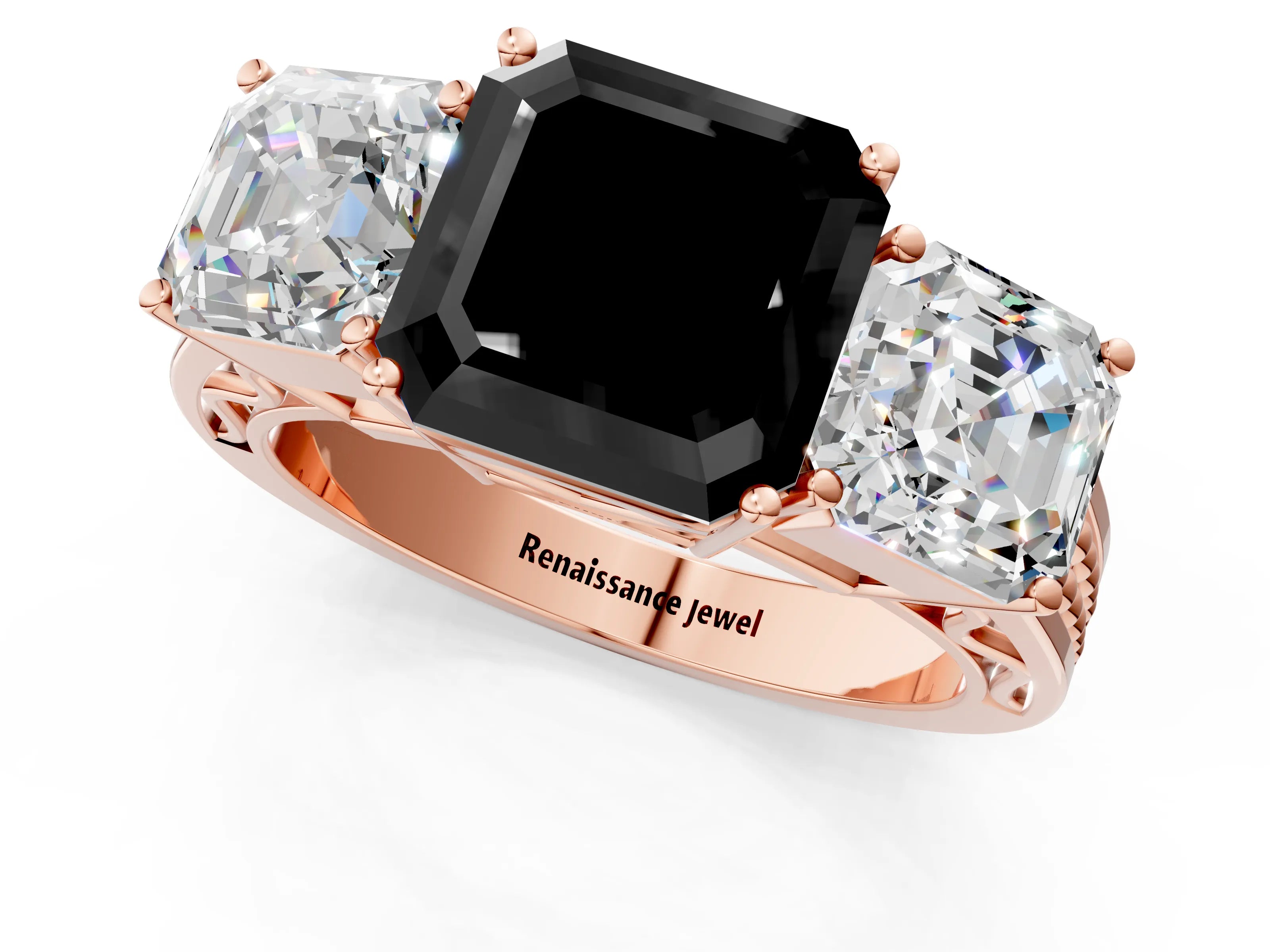 Rose gold Fancy Black Asscher Cut Diamond Three-Stone Ring with Prong Setting and Textured Band_1