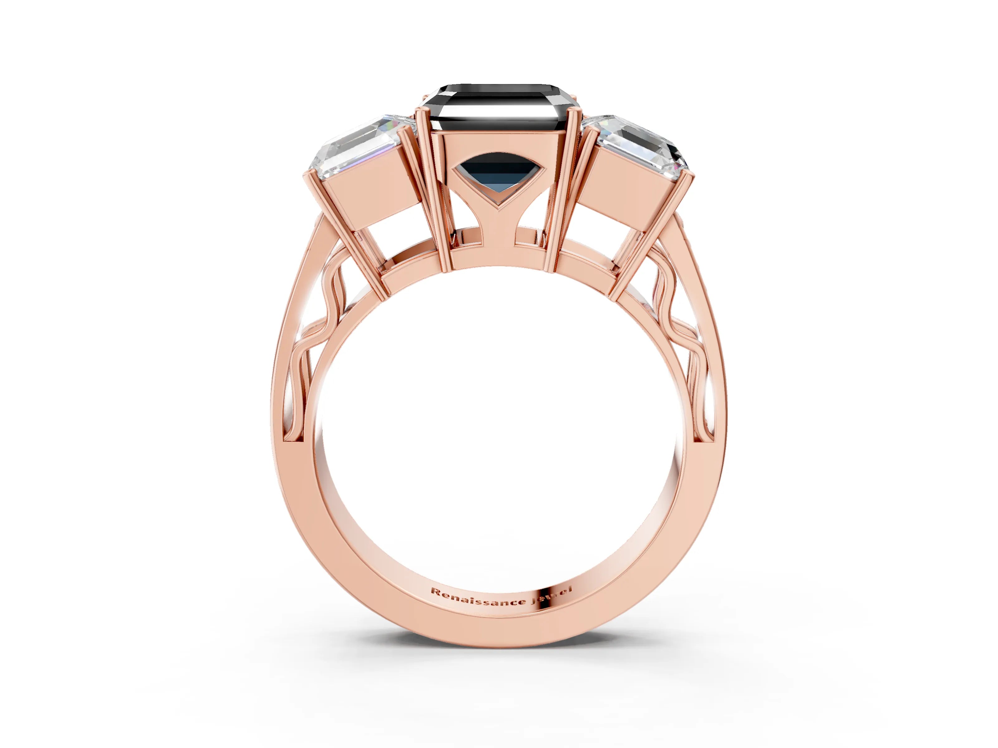 Rose gold Fancy Black Asscher Cut Diamond Three-Stone Ring with Prong Setting and Textured Band_3