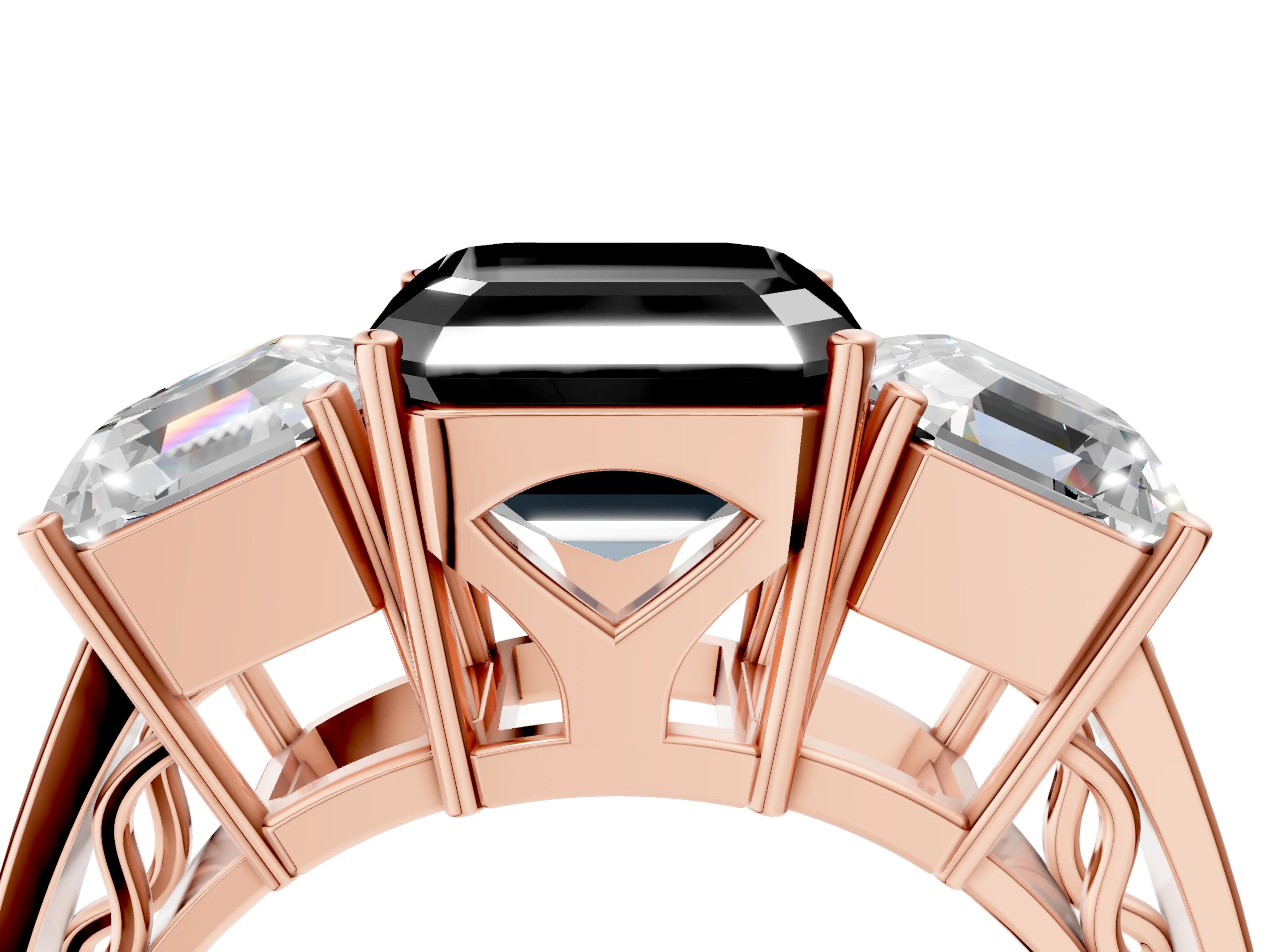 Rose gold Fancy Black Asscher Cut Diamond Three-Stone Ring with Prong Setting and Textured Band_4