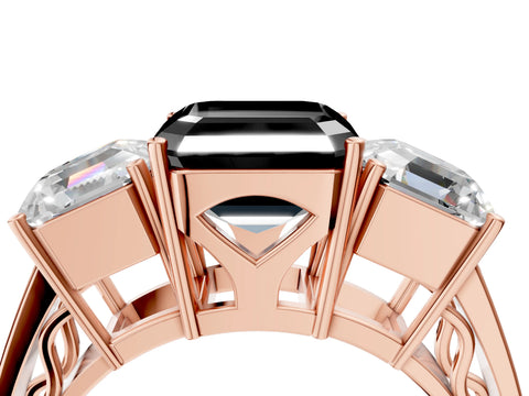 Rose gold Fancy Black Asscher Cut Diamond Three-Stone Ring with Prong Setting and Textured Band_4