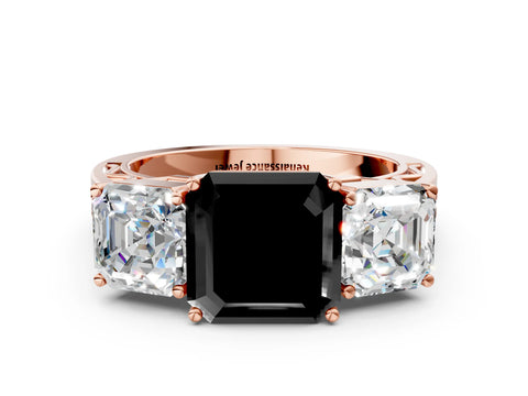 Rose gold Fancy Black Asscher Cut Diamond Three-Stone Ring with Prong Setting and Textured Band