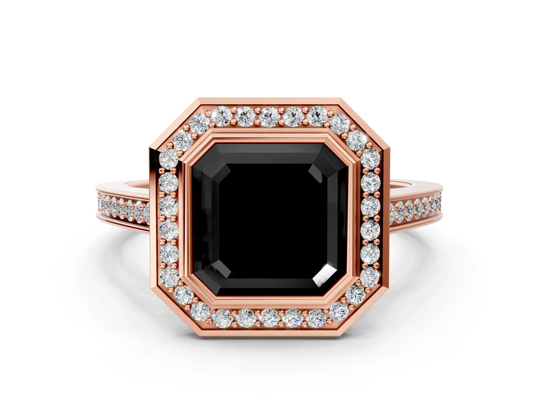 Rose gold Fancy Black Asscher Cut Halo Bezel Diamond Pave Band Ring
