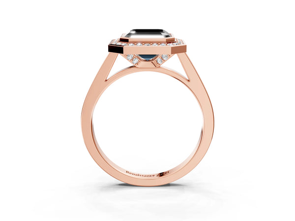 Rose gold Fancy Black Asscher Cut Halo Bezel Diamond Pave Band Ring