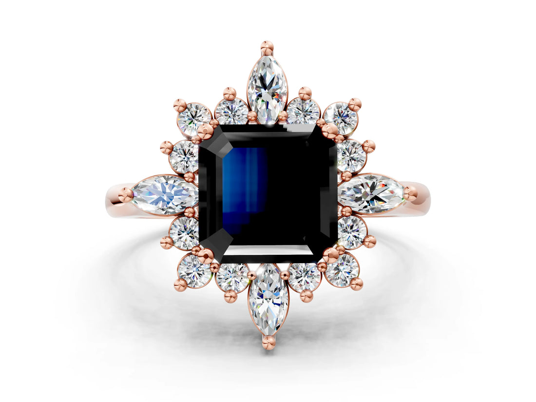 Rose gold Fancy Black Asscher Cut Halo Diamond Cluster Ring with Marquise and Round Stones on a White Gold Band with Prong Setting