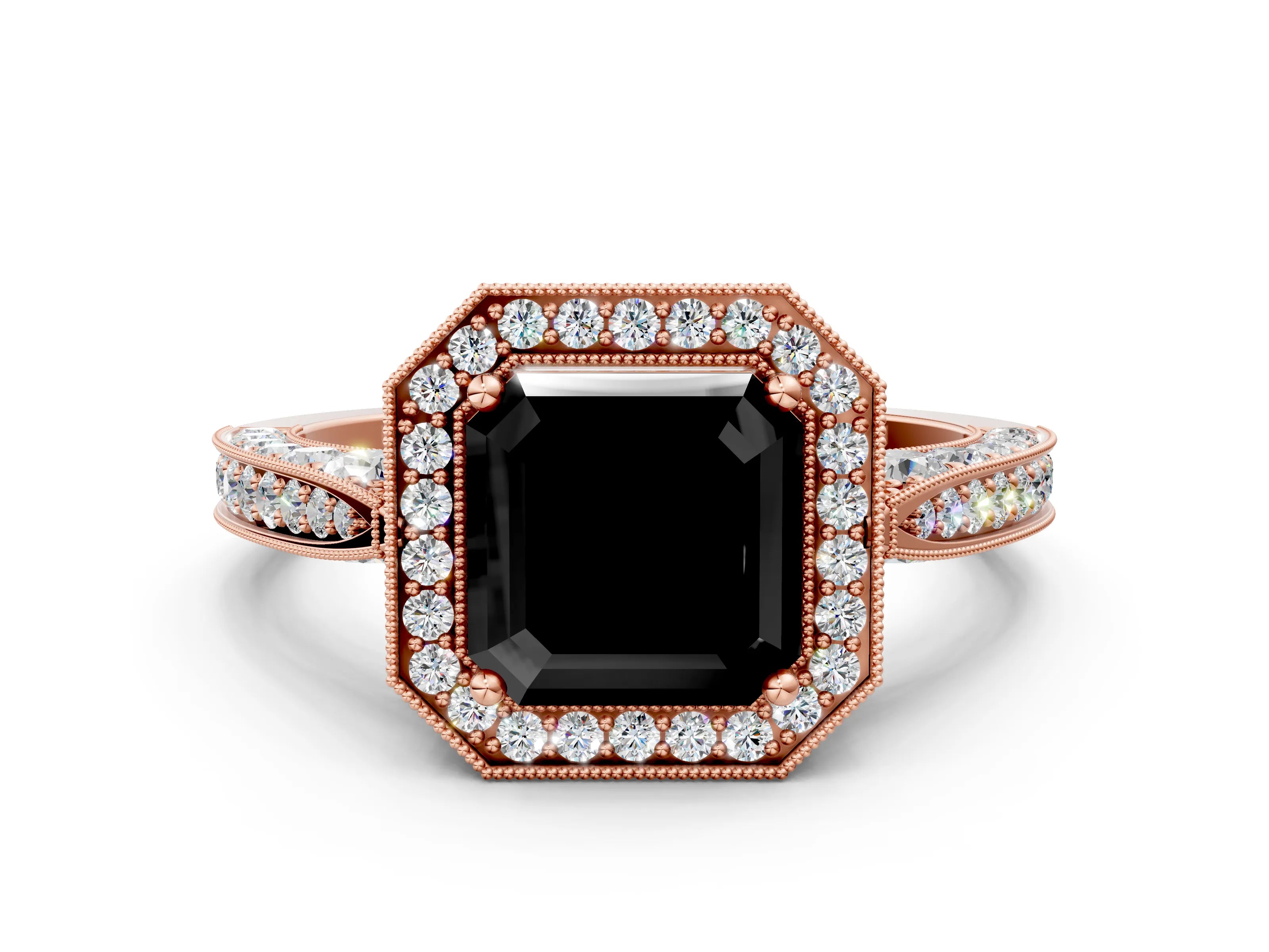 Rose gold Fancy Black Asscher Cut Halo Diamond Engagement Ring with Split Shank Band and Four-Prong Setting
