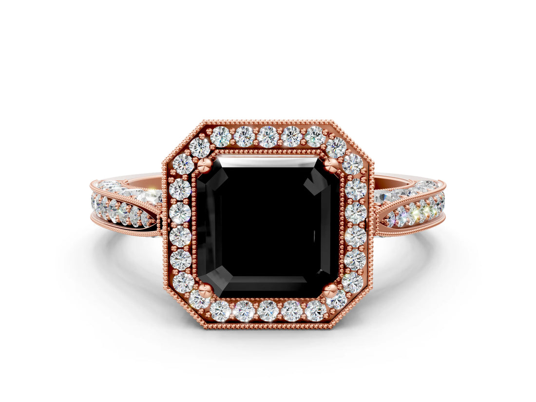 Rose gold Fancy Black Asscher Cut Halo Diamond Engagement Ring with Split Shank Band and Four-Prong Setting