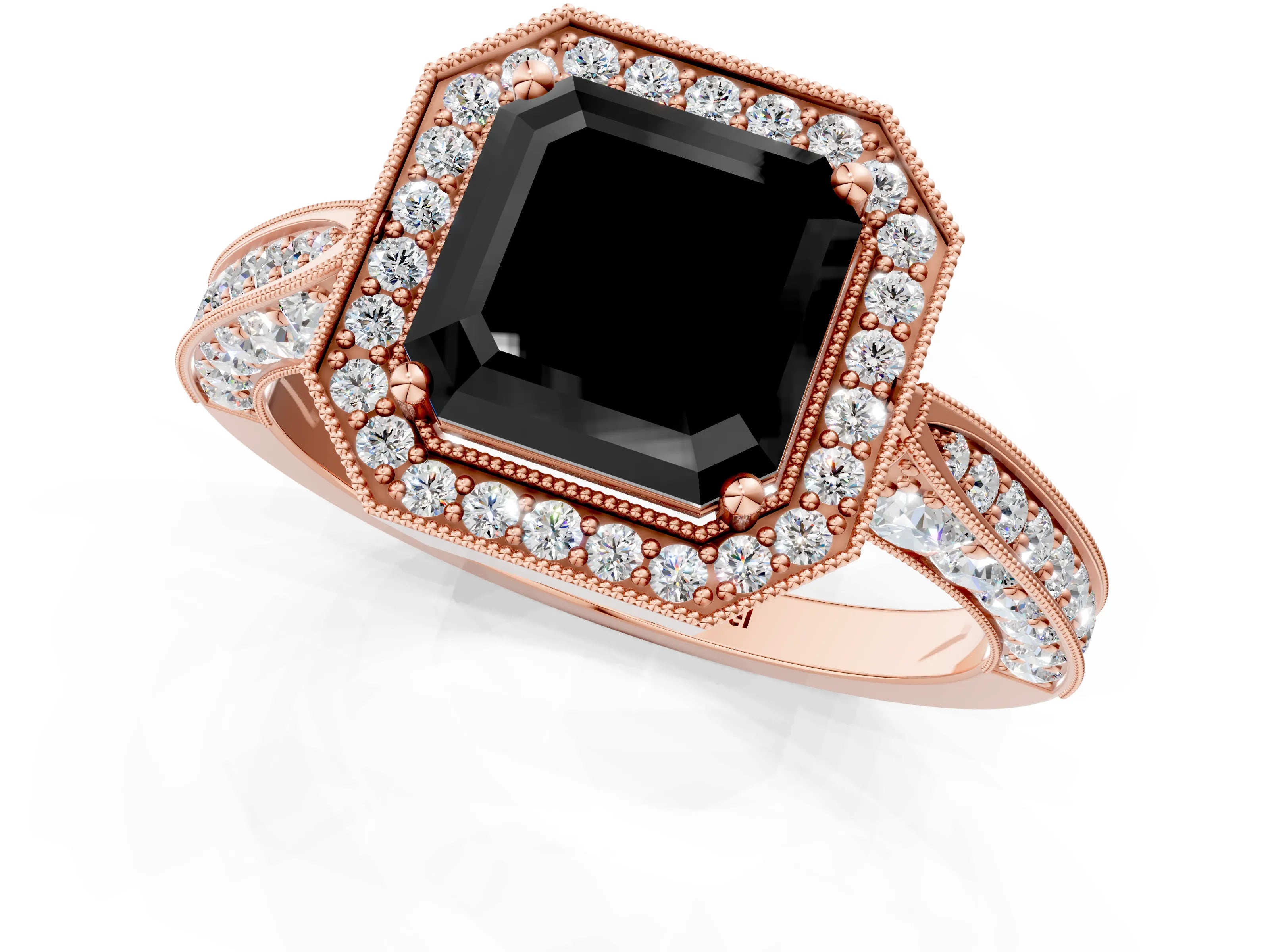 Rose gold Fancy Black Asscher Cut Halo Diamond Engagement Ring with Split Shank Band and Four-Prong Setting_1