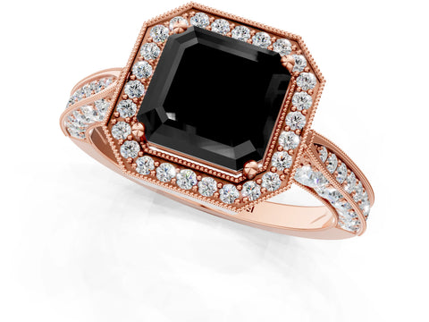 Rose gold Fancy Black Asscher Cut Halo Diamond Engagement Ring with Split Shank Band and Four-Prong Setting_1