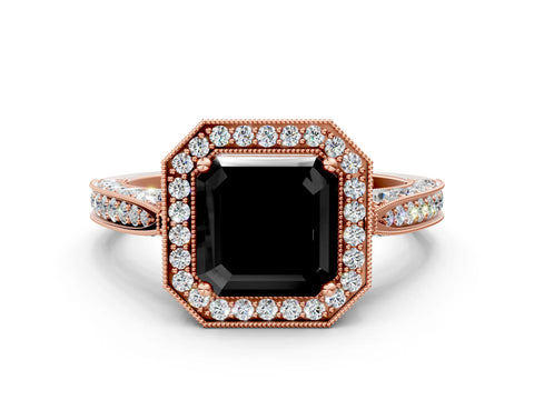 Rose gold Fancy Black Asscher Cut Halo Diamond Engagement Ring with Split Shank Band and Four-Prong Setting