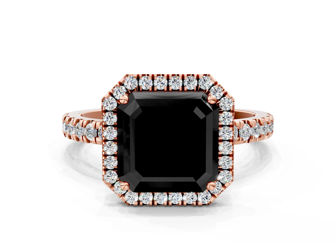 Rose gold Fancy Black Asscher Cut Halo Diamond Pave Band with Prong Setting_12