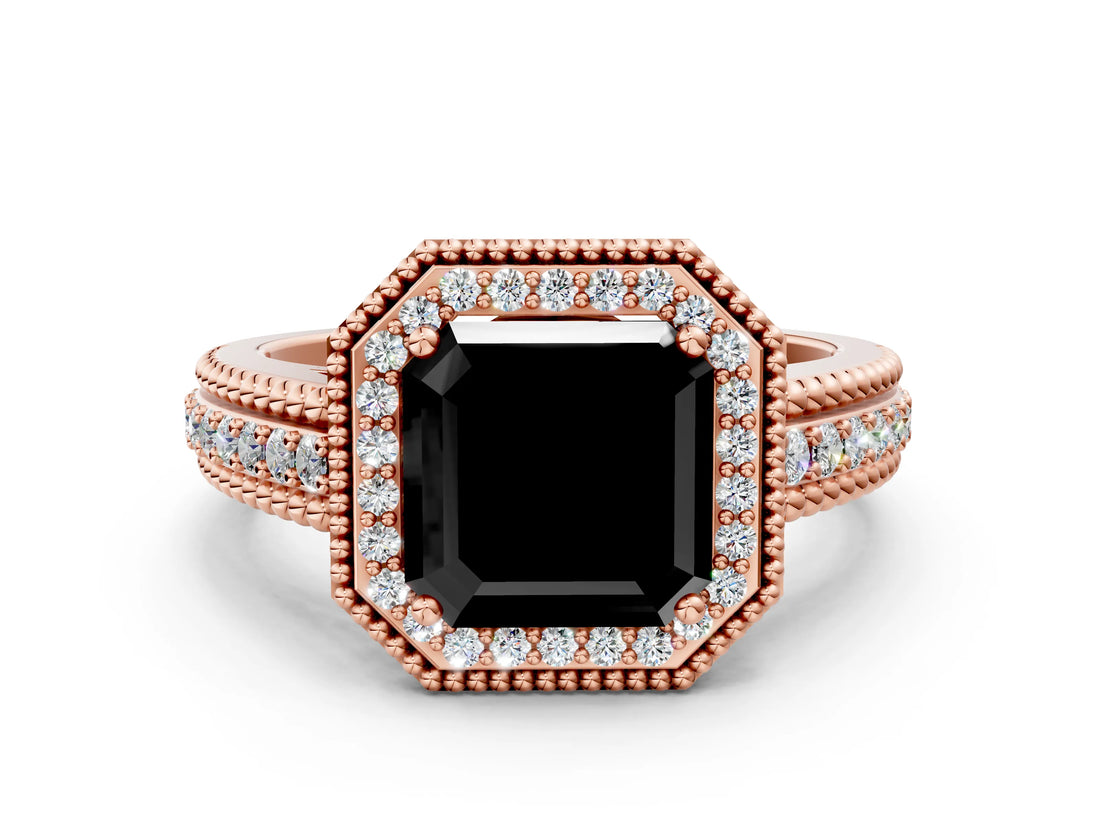 Rose gold Fancy Black Asscher Cut Halo Diamond Ring with Beaded Split Shank and Four-Prong Setting