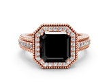 Rose gold Fancy Black Asscher Cut Halo Diamond Ring with Beaded Split Shank and Four-Prong Setting