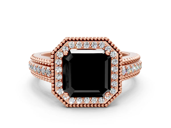 Rose Gold Asscher Cut Beaded Halo Engagement Ring Setting for Black Center with Pave