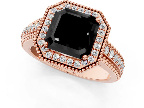 Rose Gold Asscher Cut Beaded Halo Engagement Ring Setting for Black Center with Pave