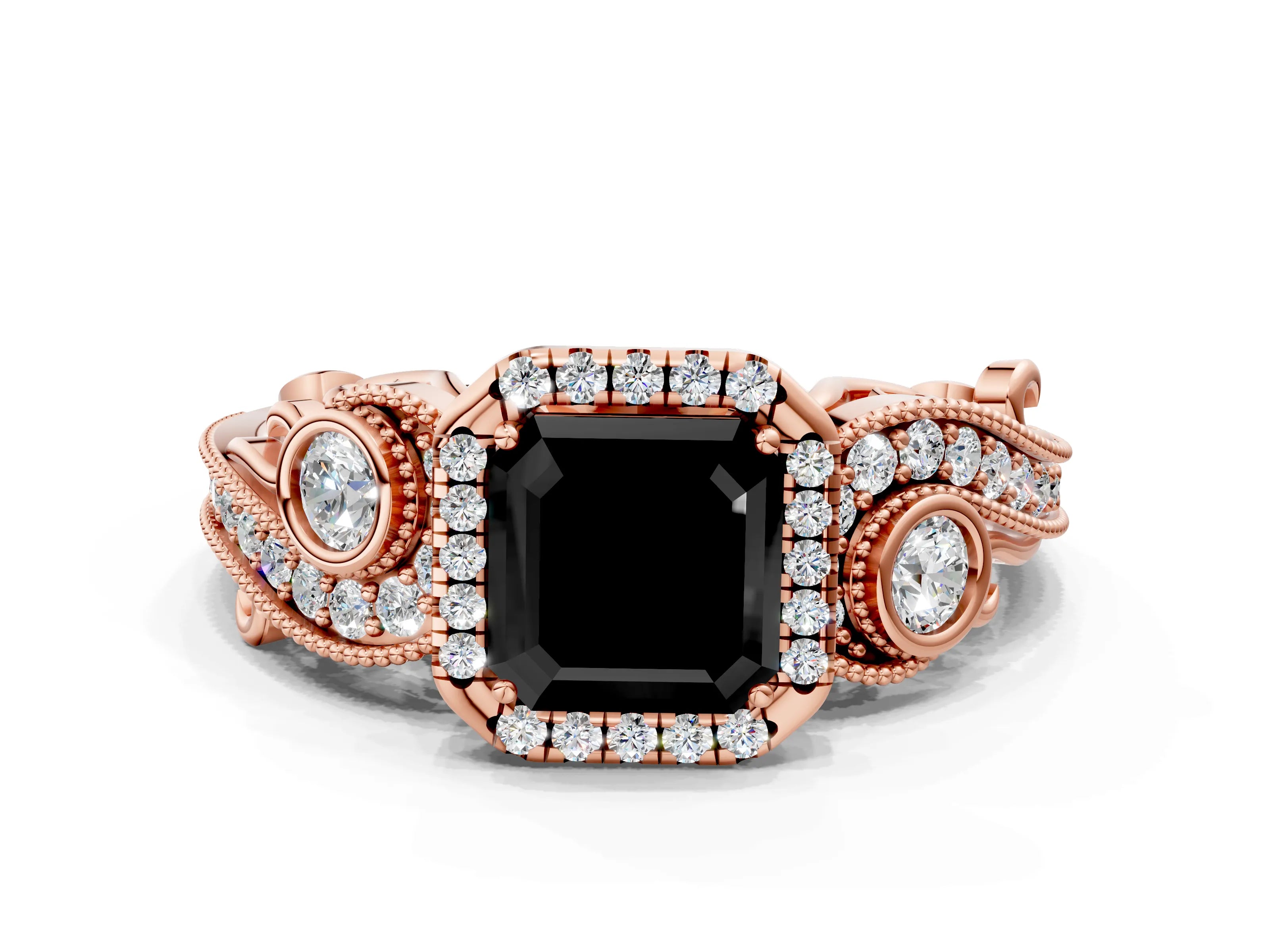 Rose gold Fancy Black Asscher Cut Halo Diamond Ring with Milgrain and Bezel Accents on a Split Shank Band
