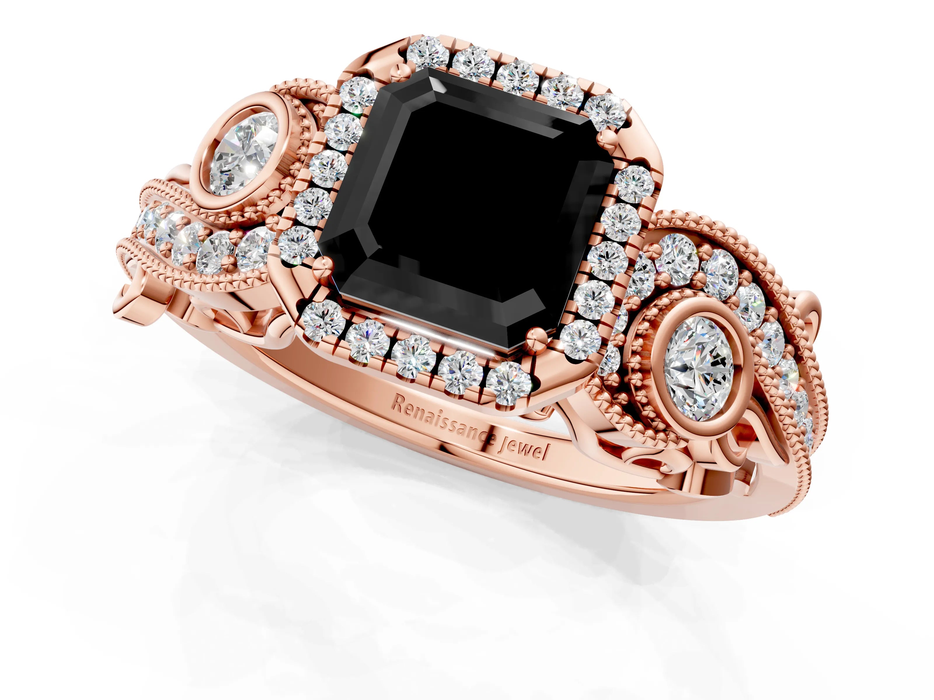 Rose gold Fancy Black Asscher Cut Halo Diamond Ring with Milgrain and Bezel Accents on a Split Shank Band_1