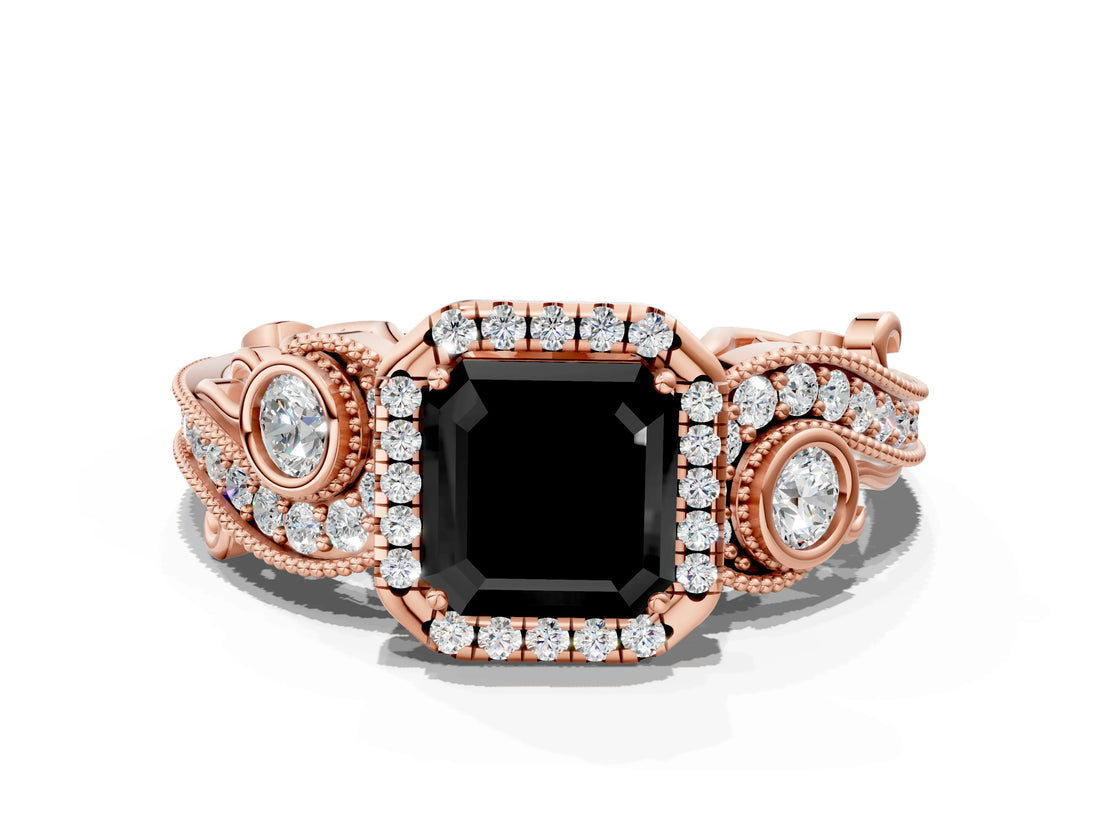 Rose gold Fancy Black Asscher Cut Halo Diamond Ring with Milgrain and Bezel Accents on a Split Shank Band_12