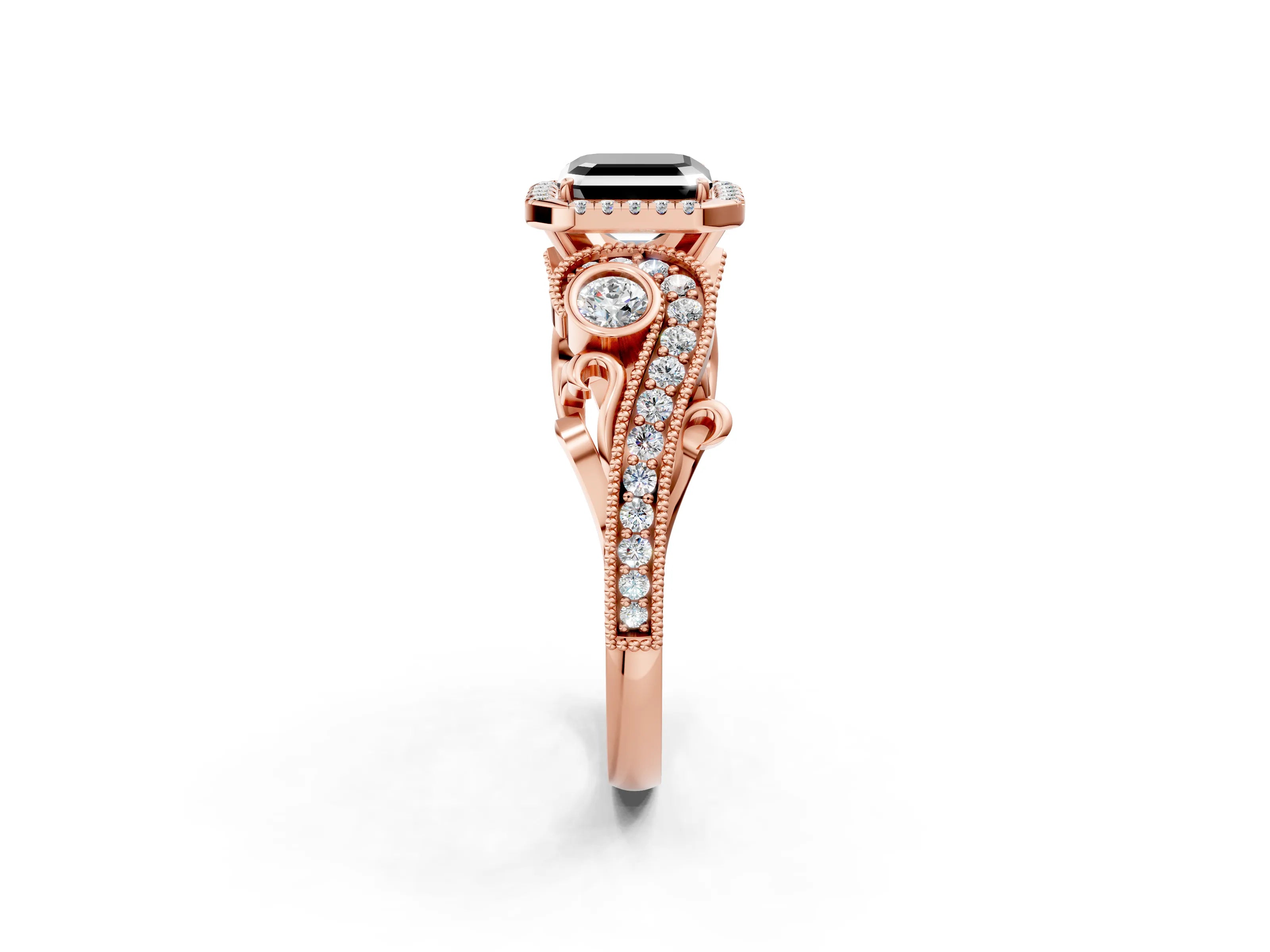 Rose gold Fancy Black Asscher Cut Halo Diamond Ring with Milgrain and Bezel Accents on a Split Shank Band_2