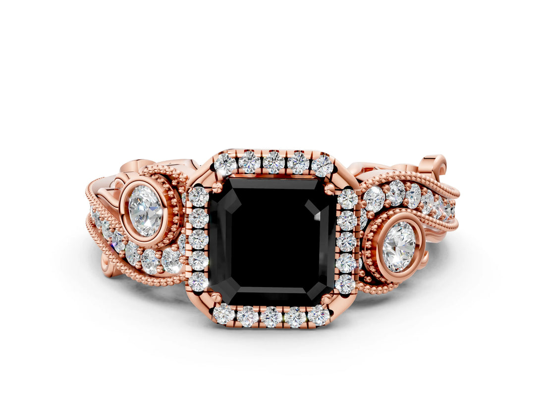 Rose gold Fancy Black Asscher Cut Halo Diamond Ring with Milgrain and Bezel Accents on a Split Shank Band_24