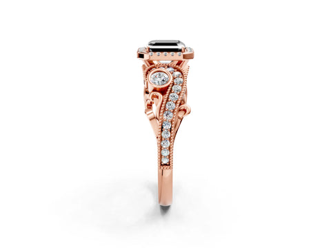 Rose gold Fancy Black Asscher Cut Halo Diamond Ring with Milgrain and Bezel Accents on a Split Shank Band_2