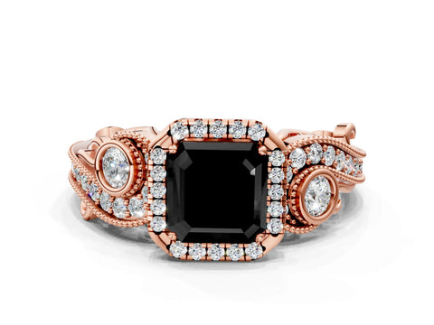 Rose gold Fancy Black Asscher Cut Halo Diamond Ring with Milgrain and Bezel Accents on a Split Shank Band