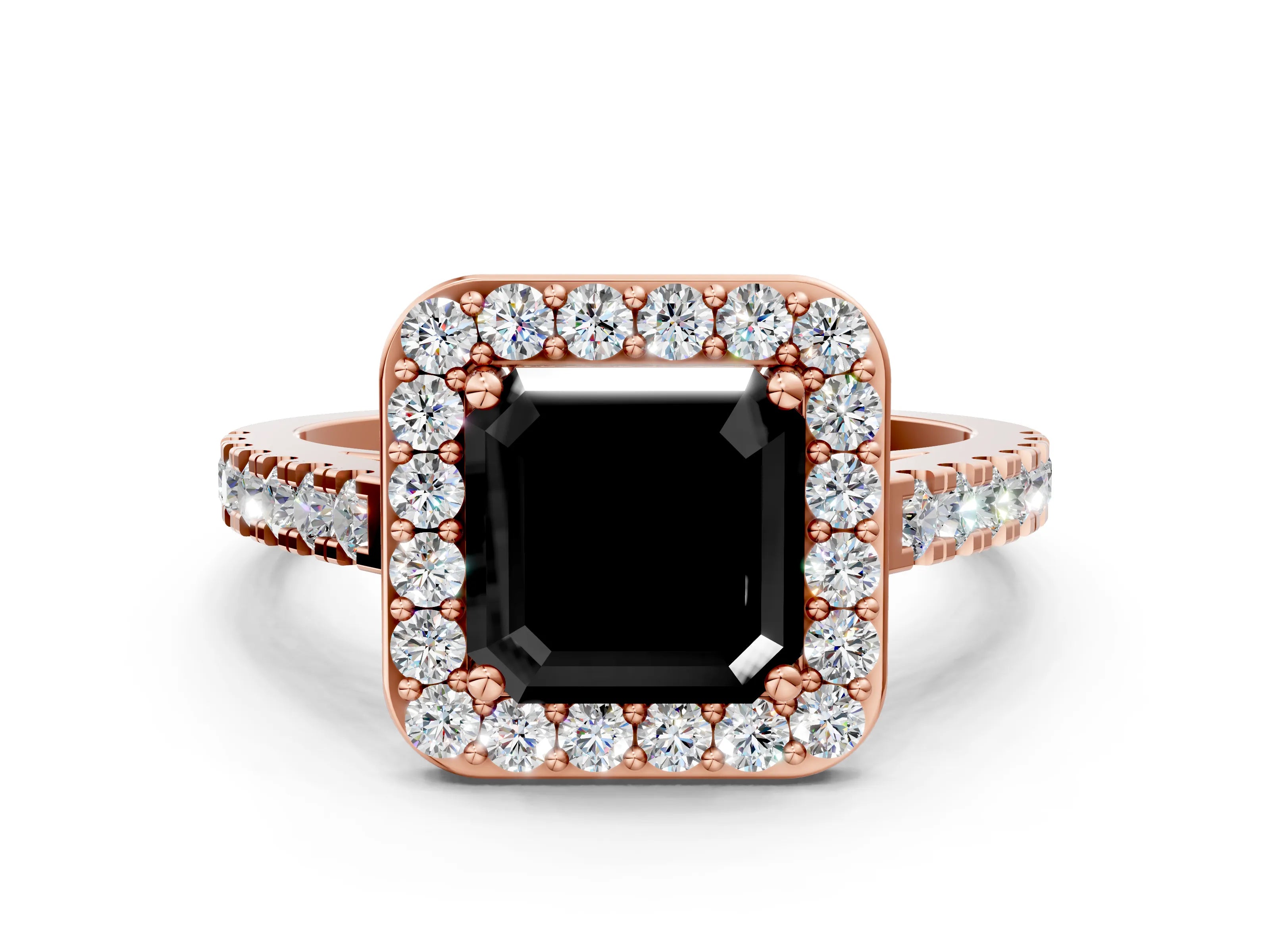 Rose gold Fancy Black Asscher Cut Halo Diamond Ring with Pavé Band and Three-Prong Setting