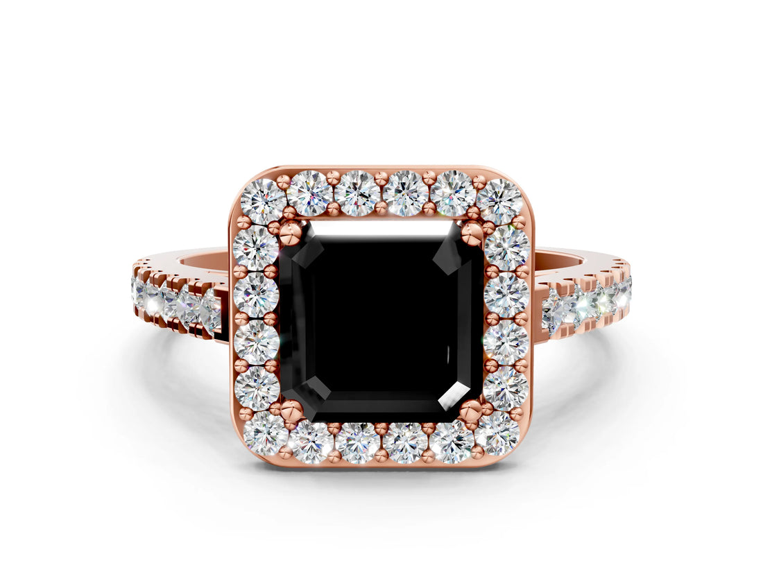 Rose gold Fancy Black Asscher Cut Halo Diamond Ring with Pavé Band and Three-Prong Setting
