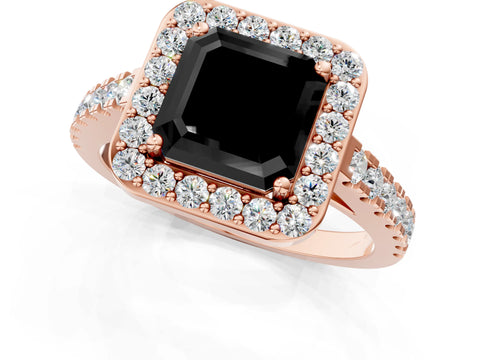 Rose gold Fancy Black Asscher Cut Halo Diamond Ring with Pavé Band and Three-Prong Setting_1