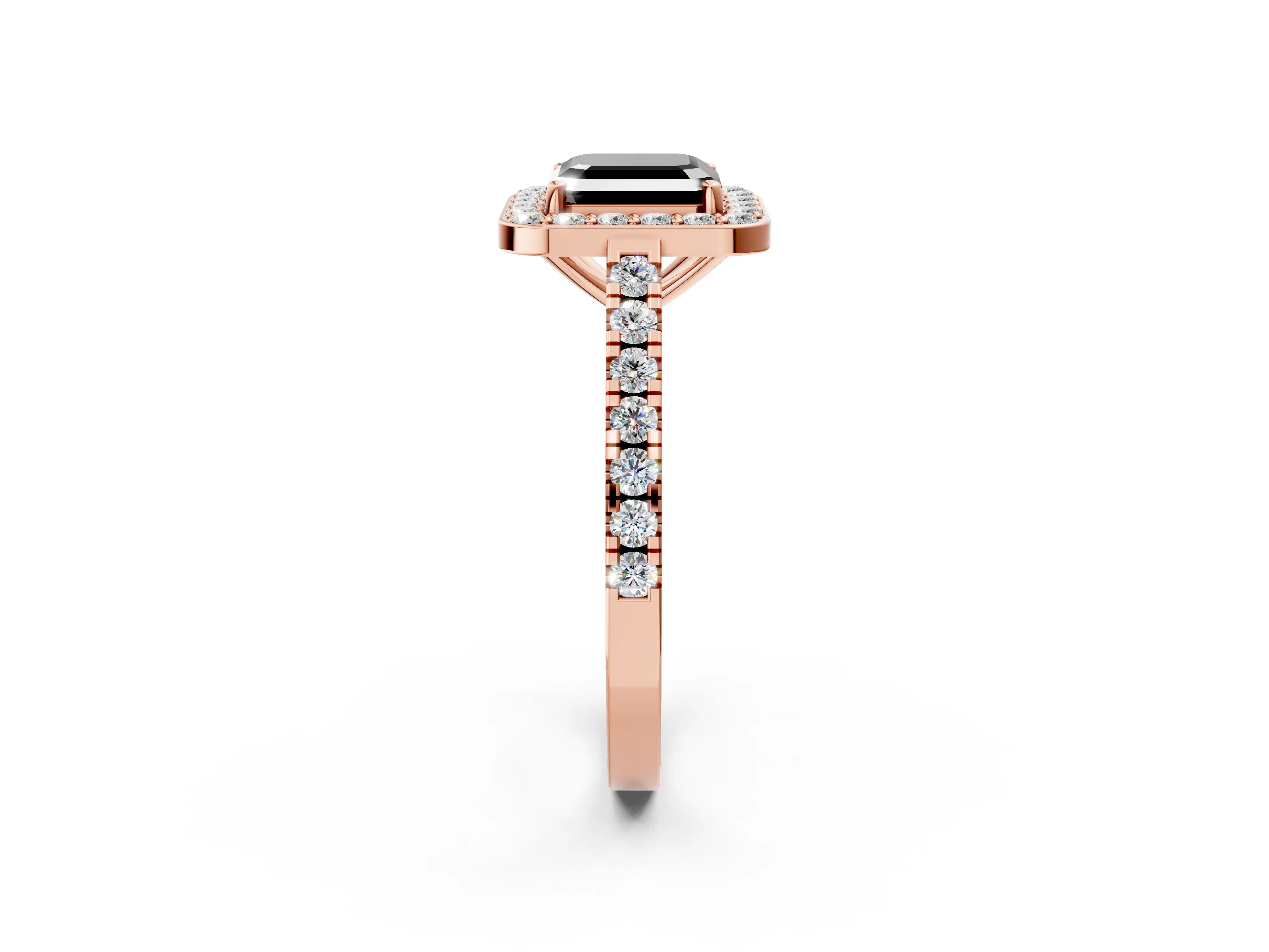 Rose gold Fancy Black Asscher Cut Halo Diamond Ring with Pavé Band and Three-Prong Setting_2