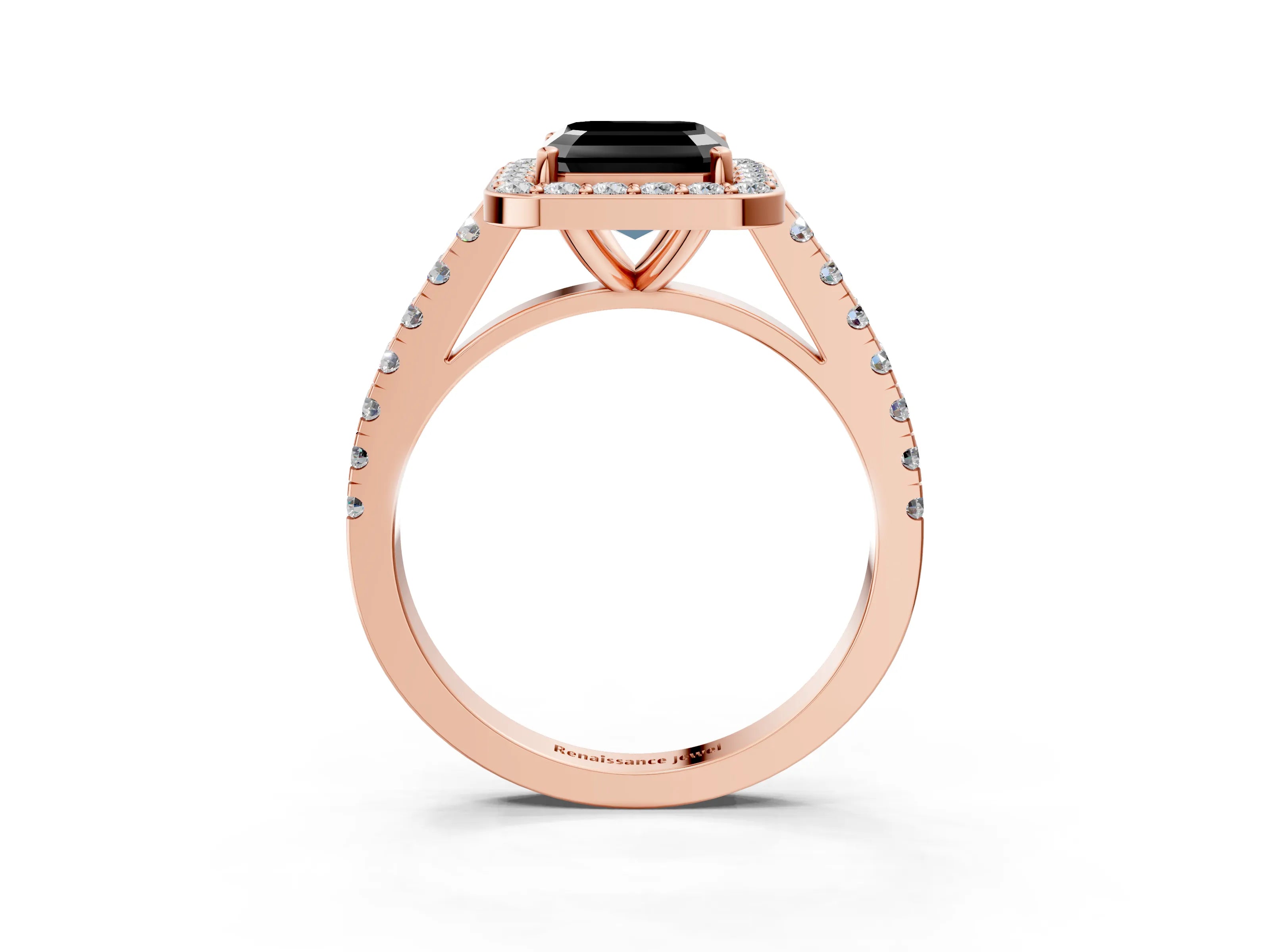 Rose gold Fancy Black Asscher Cut Halo Diamond Ring with Pavé Band and Three-Prong Setting_3
