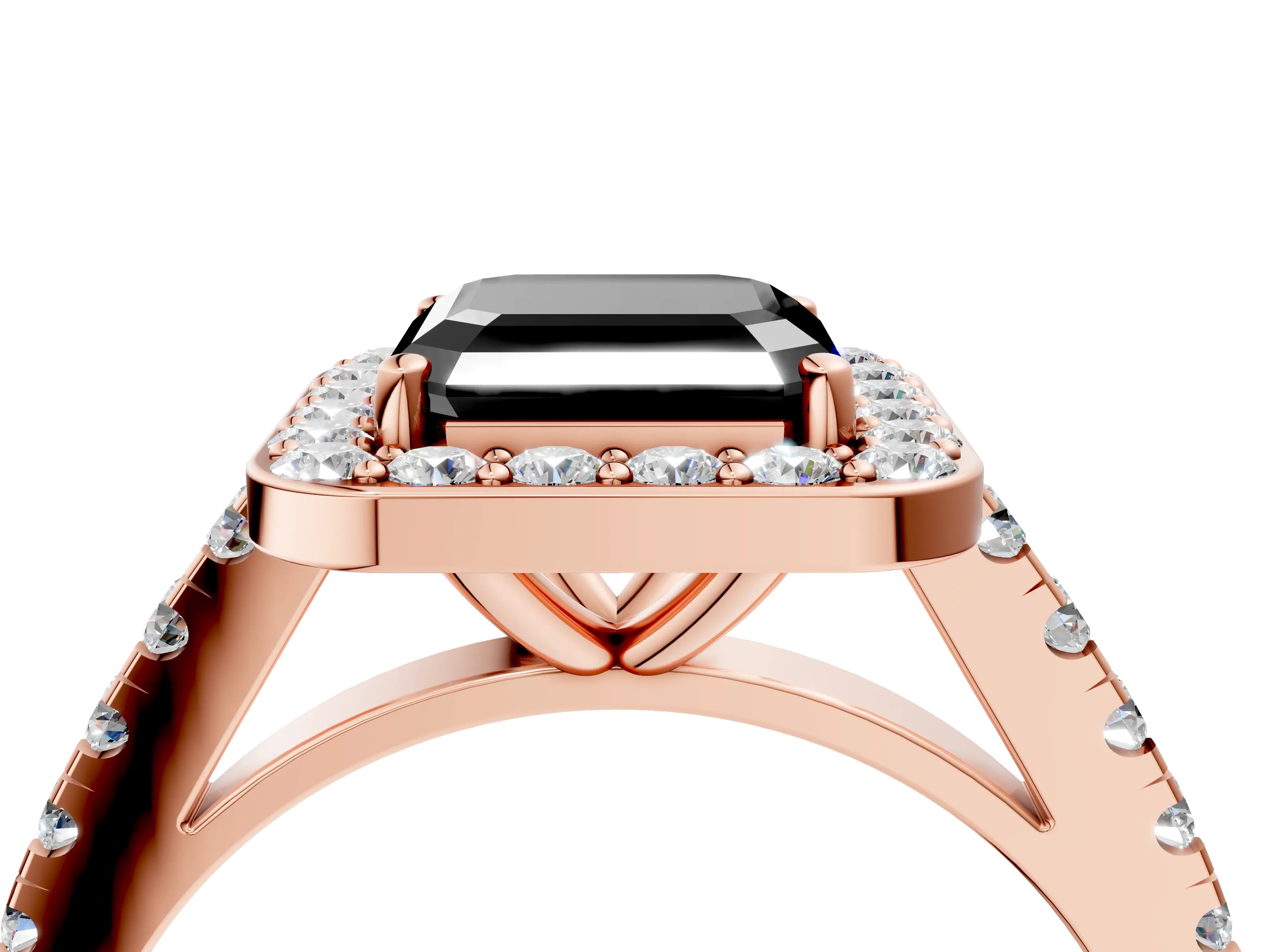Rose gold Fancy Black Asscher Cut Halo Diamond Ring with Pavé Band and Three-Prong Setting_4