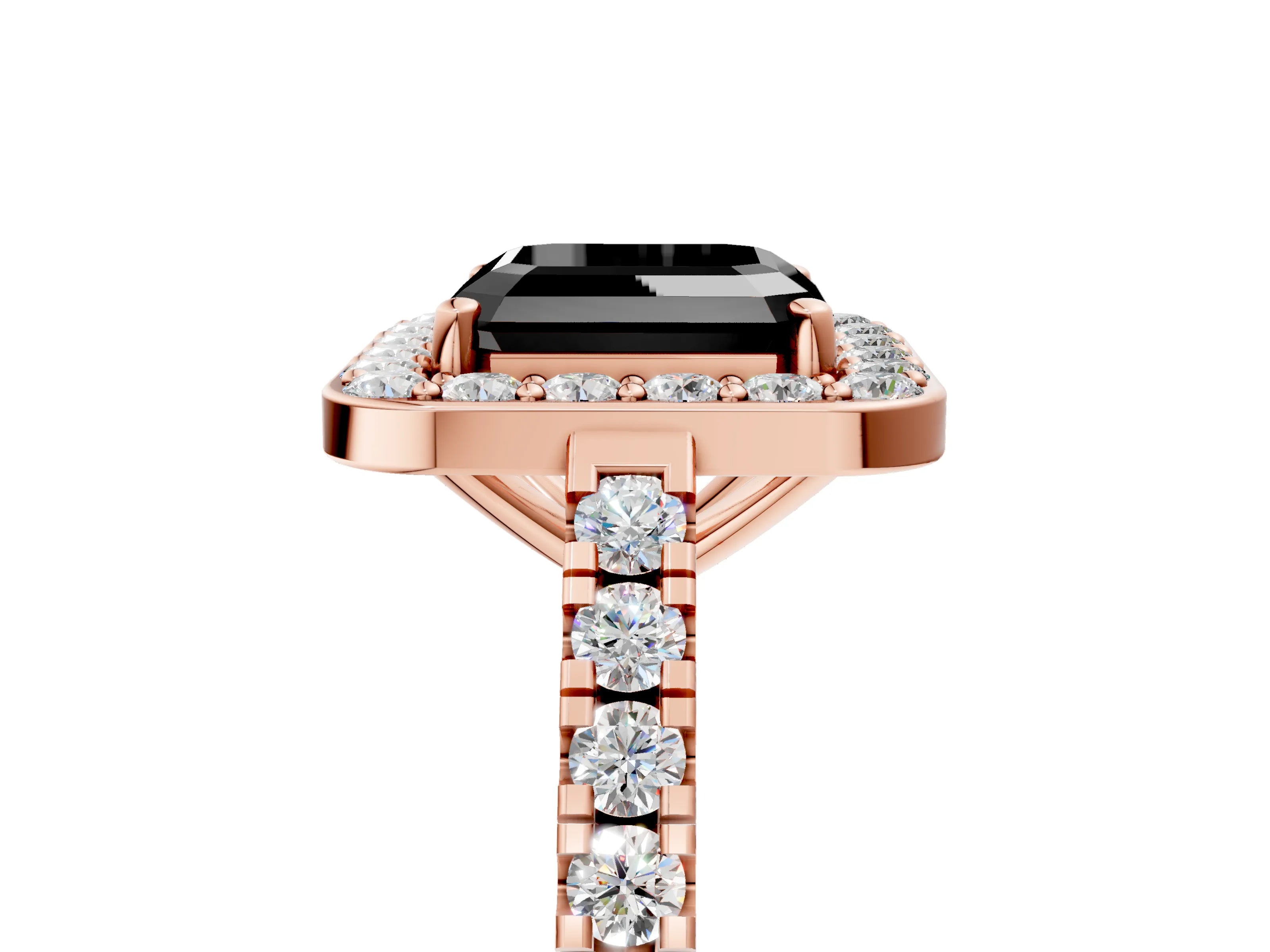 Rose gold Fancy Black Asscher Cut Halo Diamond Ring with Pavé Band and Three-Prong Setting_5