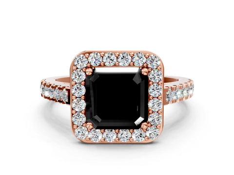 Rose gold Fancy Black Asscher Cut Halo Diamond Ring with Pavé Band and Three-Prong Setting