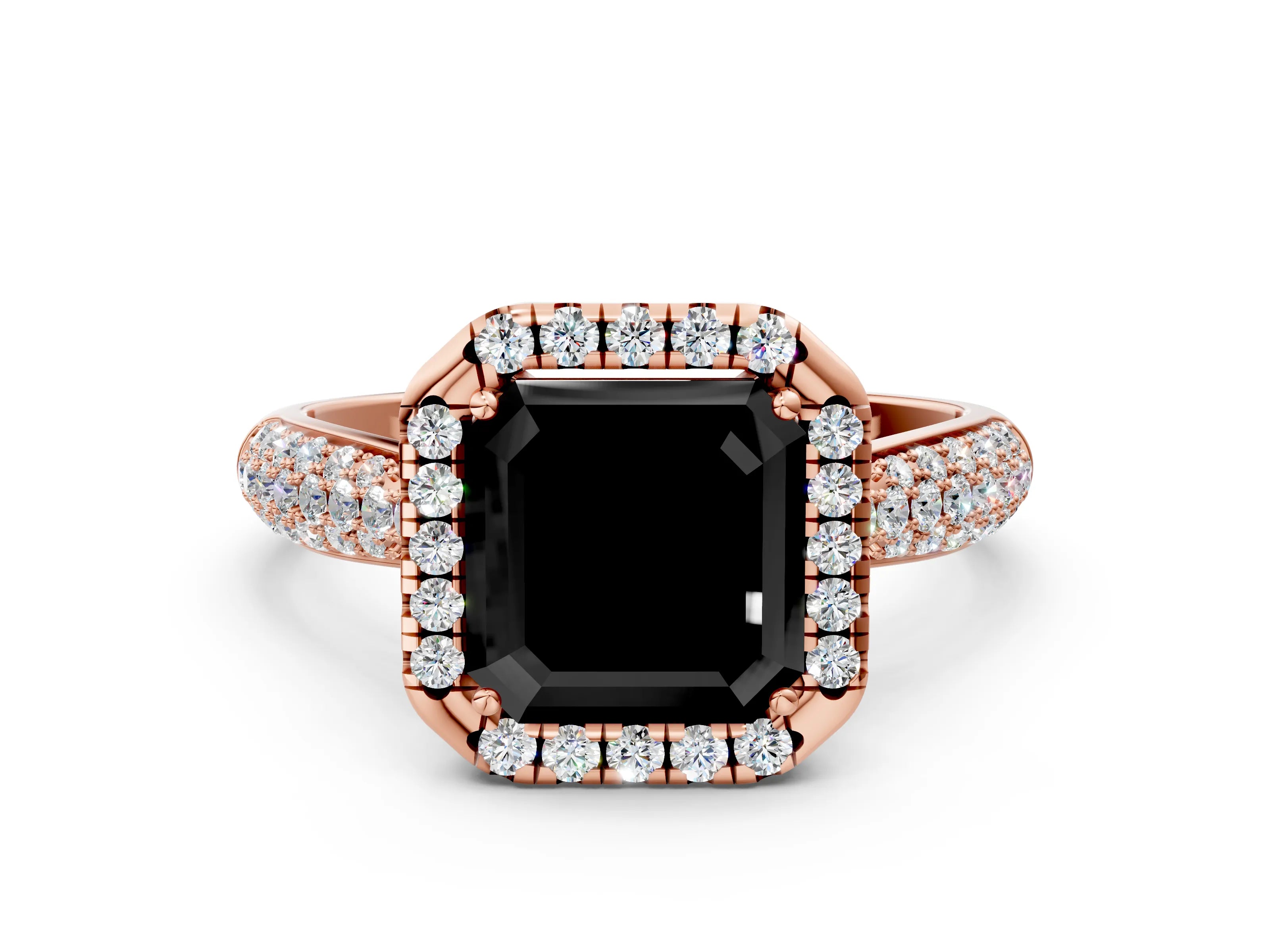 Rose gold Fancy Black Asscher Cut Halo Diamond Ring with Pavé Band
