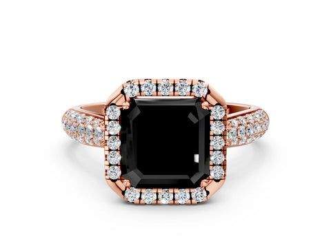 Rose gold Fancy Black Asscher Cut Halo Diamond Ring with Pavé Band