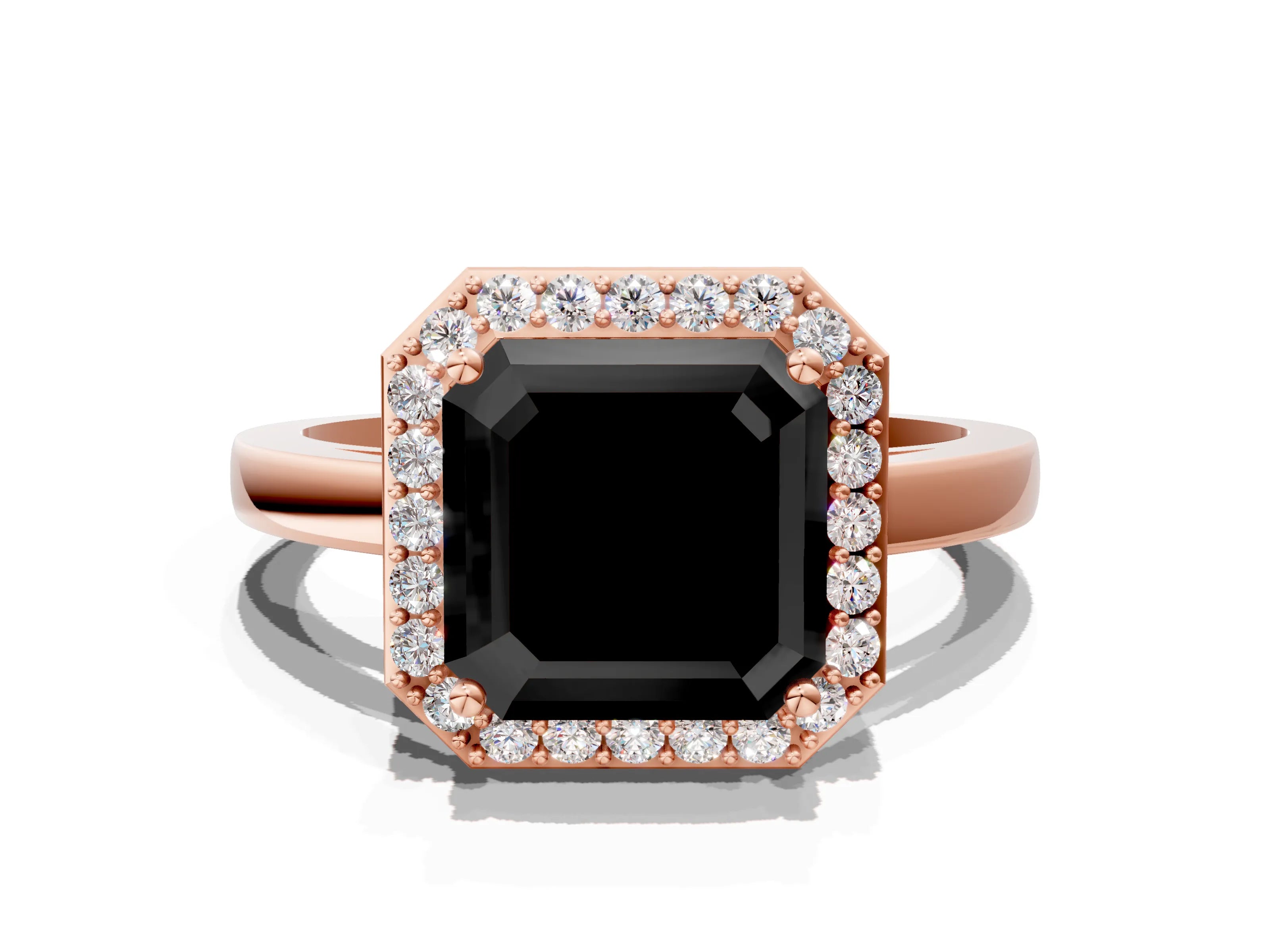 Rose gold Fancy Black Asscher Cut Halo Diamond Ring with Solitaire Band and Prong Setting