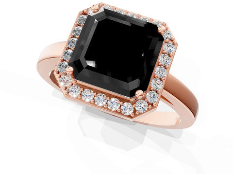 Rose gold Fancy Black Asscher Cut Halo Diamond Ring with Solitaire Band and Prong Setting_1